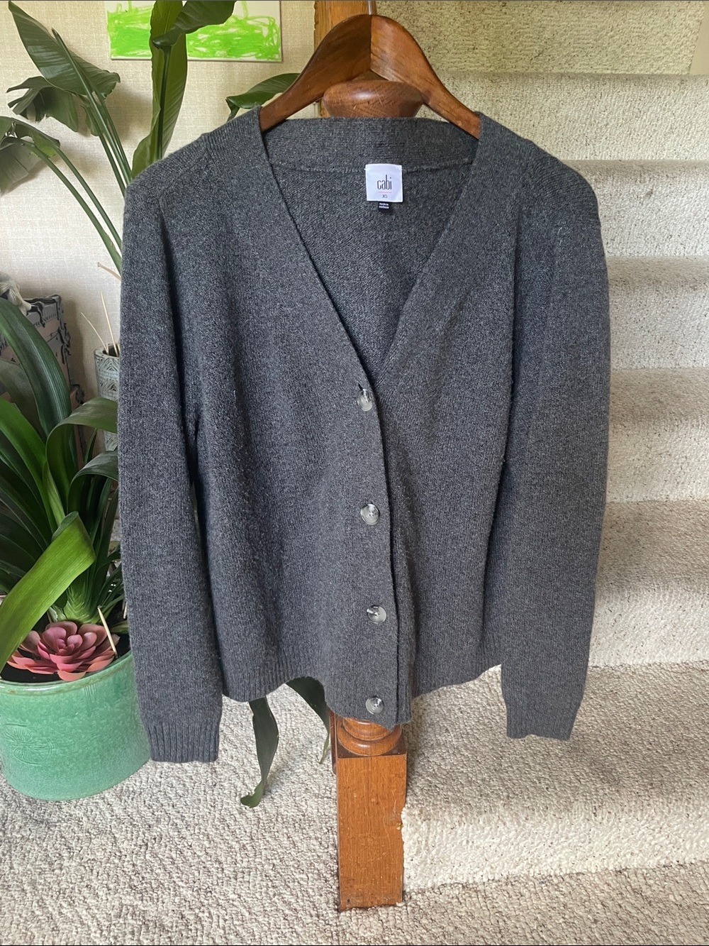 Cabi Oversized Slouchy Soft Dark Charcoal Gray Button-Front V-Neck Cardigan